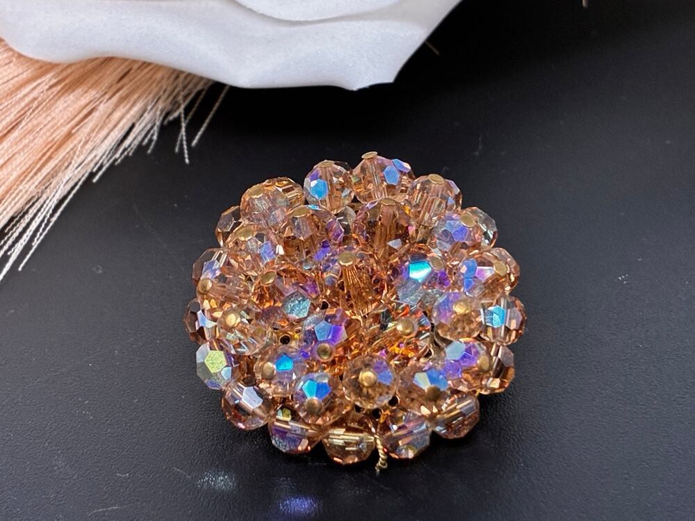 Vintage Champagne AB Crystal Beaded Cluster Brooch Heavy